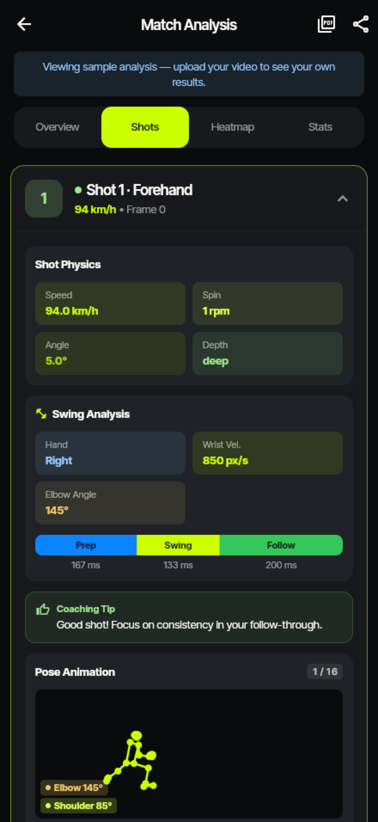 AceSense shot list screen showing classified tennis shots